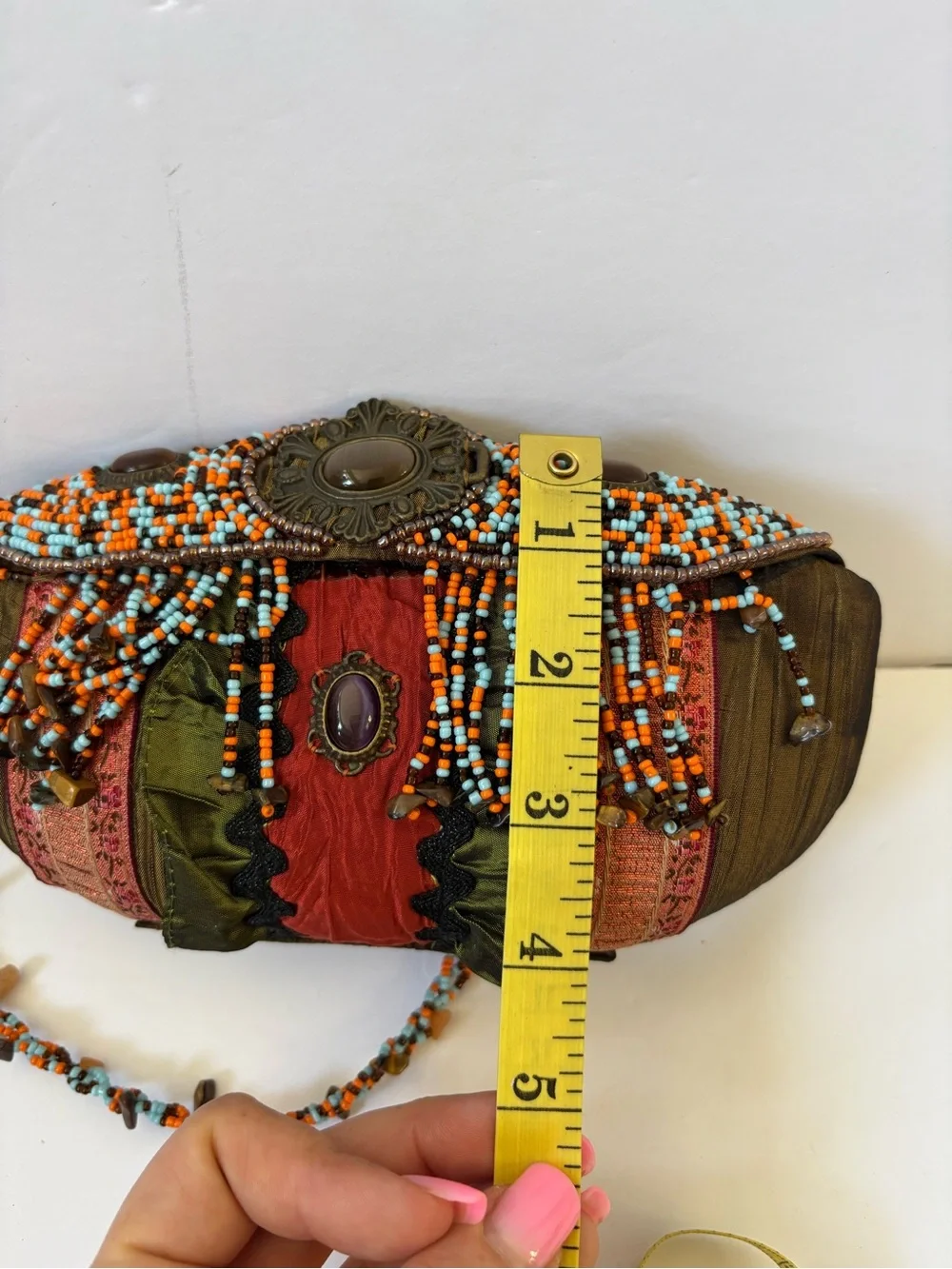 VNTG Mary Frances‎ Ember Oracle Beaded Ruffle Clutch Bag Artsy Brown Satin Fairy